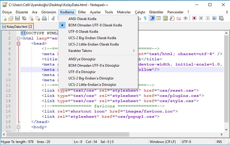 HTML Türkçe Karakter Sorunu