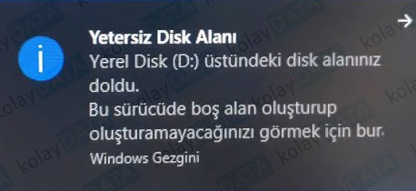 Yetersiz Disk Alanı Uyarısını Kaldırma