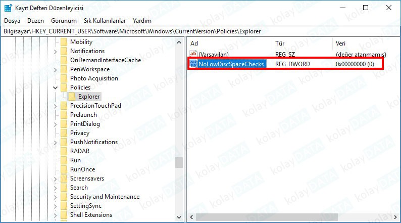 Yetersiz Disk Alanı Uyarısını Kaldırma