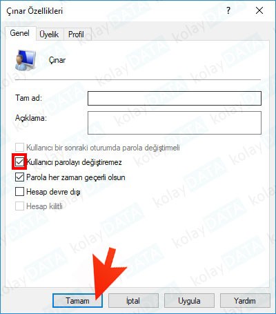 Parola değiştirmesini istemediğimiz kullanıcının üzerinde sağ tıklayıp Özellikler seçeneğini seçiyoruz.