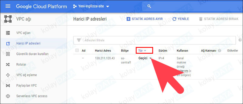 Google Cloud Sanal Makinesine Statik IP Vermek